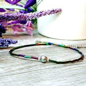 Minimalist Adjustable Beaded Anklet, Rainbow Iridescent Dainty Seed Bead